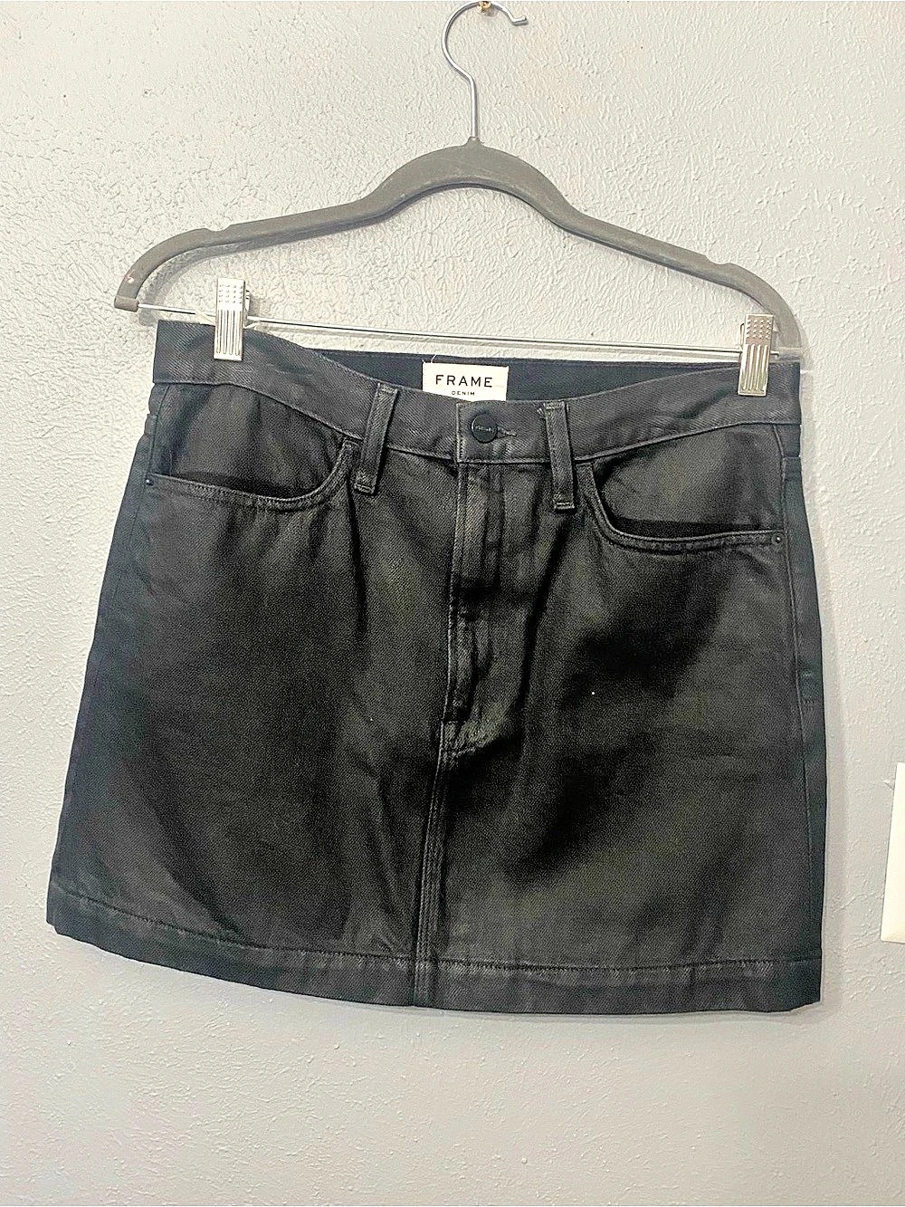 FRAME Noir Coated Denim Mini Skirt Black Waist 27